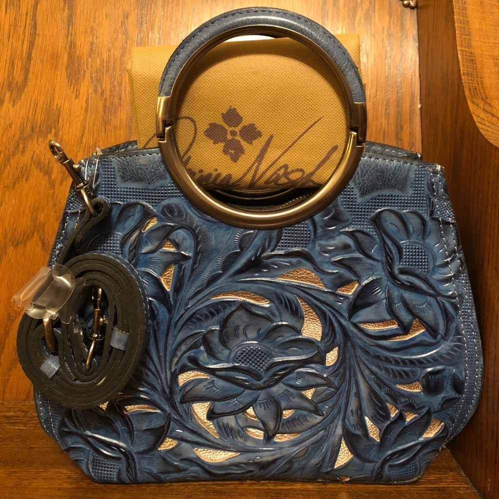 NWT-Patricia Nash-Aria Shopper-Safflower Blue-Cut-Out-Tooled Design-$229